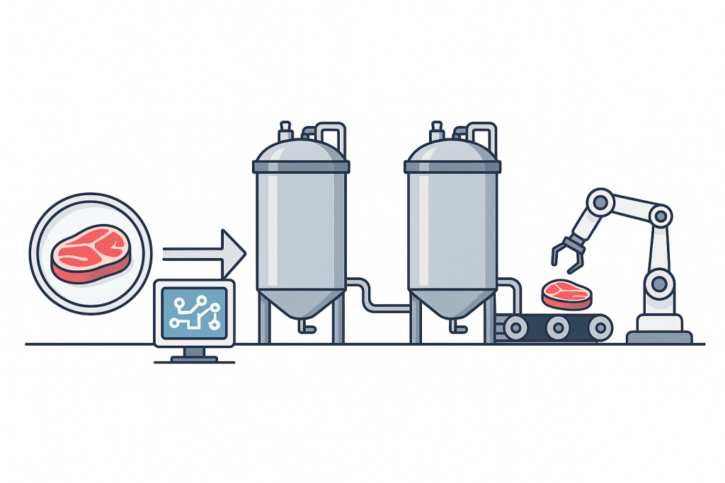 How cellular agriculture uses automated bioreactors to produce sustainable protein without farms or livestock.