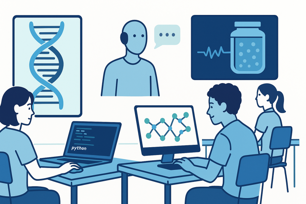 A look at the 2035 classroom where students grow, simulate, and code life using AI, biotech, and digital lab tools.